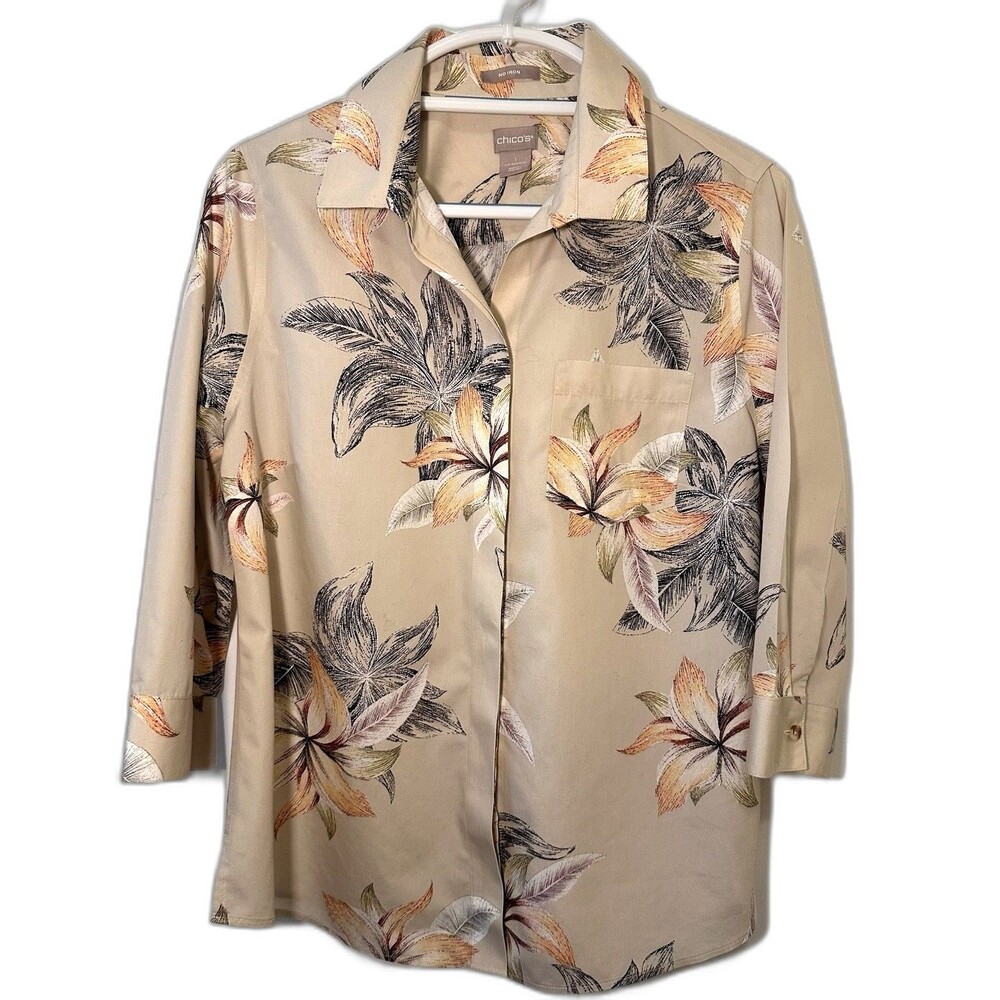 Chico’s Floral Button Front Shirt Size 1 Cotton No Iron Beige Medium